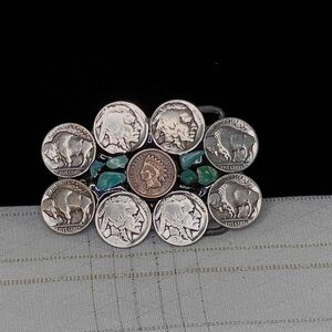 Vintage Buffalo Nickels Turquoise Belt Buckle with Indian Head Penny in Center